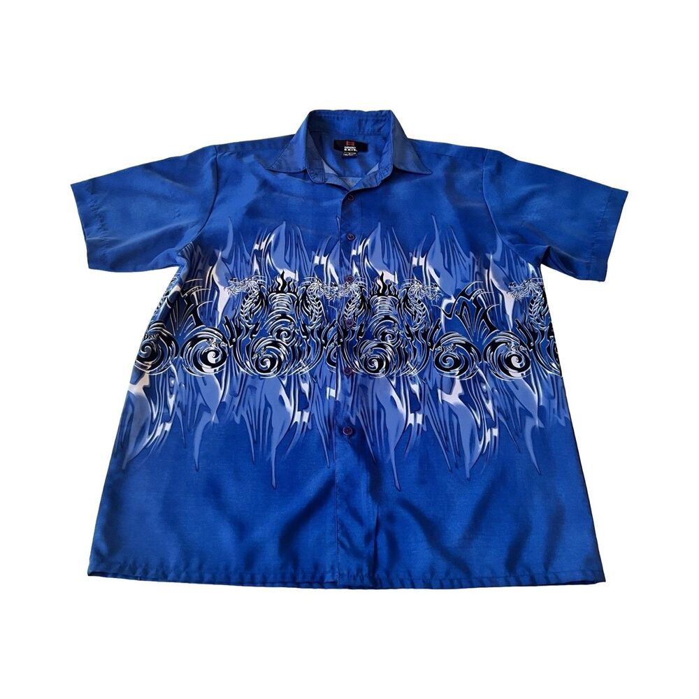 Emergency Exit Mens Blue Tribal Dragon Flame Graphic Button‎ Up Shirt M Y2K